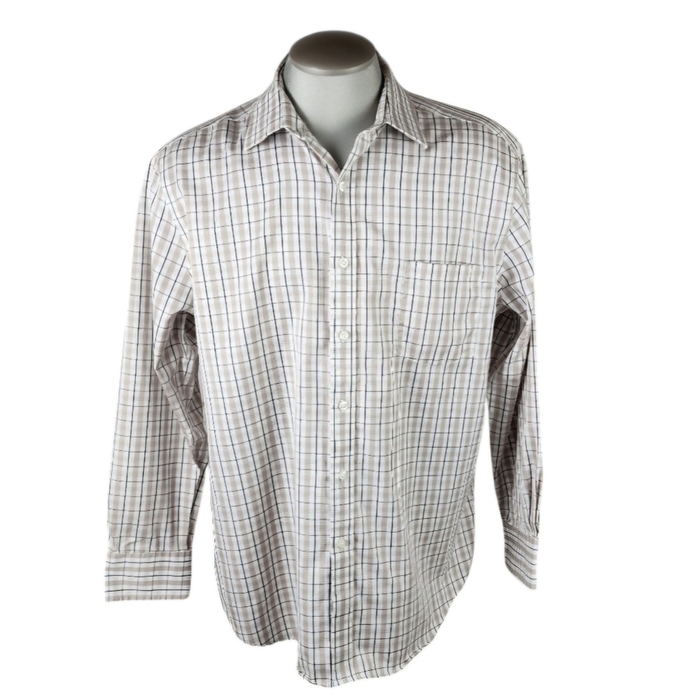 Michael Michael Kors Button Front Dress Shirt Plaid Tan Black White Size 17 1/2